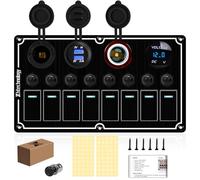 8 Gang Marine Switch Panel,Waterproof Aluminum Toggle Rocker Switch with Dual USB Charger Digital Voltmeter Lighter Socket Press Protector for RVs, Cars, Boats, Trucks,Trailers 12/24V,Black