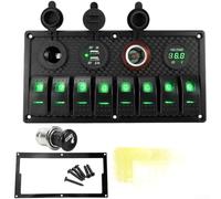 8 Gang Rocker Switch Panel 12V 24V with USB C PD Charger Dual Sockets Voltmeter Pre-Wired for Boat Marine Car RV Truck Off-Road Vehicle Circuit Control Waterproof IP65(Green)