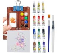 8 Grid Wooden Travel Paint Palette Mini Portable Watercolor Palette Pocket Artist Watercolour with Clip 12 Color Paint Wooden Grid Paint Box Sketchbook Palette for Water Color Paint (8 grid+12 paint)