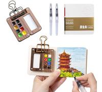 8 Grids Walnut Mini Watercolor Palette, Portable Nano Palette, Pocket Artist Watercolors Travel Set Inclouding Binder Clip, Brush Pens and Watercolor Sketch Book (No Paints)