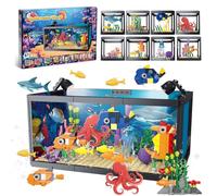 8 in 1 Fish Tank Building Sets, Marine Aquarium Building Toy with LED Light Animal Miniature Landscape Including Shark Octopus Crab, Christmas Birthday Gifts for Adults Boys Girls Kid Ages 6 8 10 12+