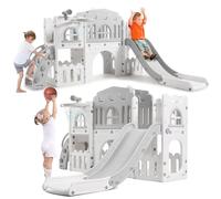 8-in-1 Toddler Climbing Frame with Slide, Toddler Slide and Climbing Frame Indoor Play Centre for 1-3 Year Olds, Kids Jungle Gym Playset with Tunnel, Basketball Hoop, Steering Wheel, Telescope