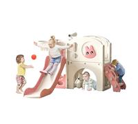 8-In-1 Toddler Slide and Climber Playset, Kids Slide Playground with Stairs, Tunnel, Telescope, Storage, Basketball Hoop and Ball, Indoor Outdoor,Gift for Boys Girls Age 1-8 (Pink and white rabbit)