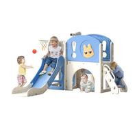 8-In-1 Toddler Slide and Climber Playset, Kids Slide Playground with Stairs, Tunnel, Telescope, Storage, Basketball Hoop and Ball, Indoor Outdoor,Gift for Boys Girls Age 1-8 (Blue and white rabbit)