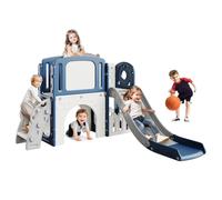 8-in-1 Toddler Slide and Climber Playset with Basketball Hoop, Tunnel, Rocking Toy, Telescope & Storage Space, Indoor & Outdoor Kids Playground Set for Boys and Girls, Safe Design,Blue