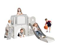 8-in-1 Toddler Slide and Climber Playset with Basketball Hoop, Tunnel, Rocking Toy, Telescope & Storage Space, Indoor & Outdoor Kids Playground Set for Boys and Girls, Safe Design,Gray
