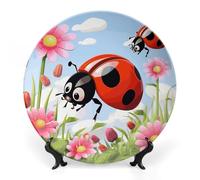 8 in Bone China Decorative Plates for Wall Hanging with Display Stand Chinese Porcelain Cartoon Ladybug Flower Dessert Plate Display Dish Collections Ceramic Ornament Art Craft Home Office Decor