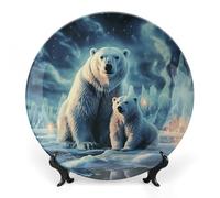 8 in Bone China Decorative Plates for Wall Hanging with Display Stand Chinese Porcelain Polar Bears Northern Lights Dessert Plate Display Dish Collections Ceramic Ornament Art Craft Home Office Decor