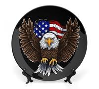 8 in Bone China Decorative Plates for Wall Hanging with Display Stand Chinese Porcelain USA Flag Patriotic Eagle Dessert Plate Display Dish Collections Ceramic Ornament Art Craft Home Office Decor