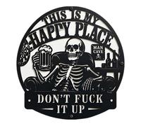 8 in Metal Wall Plaque, This Is My Happy Place Funny Man Cave Decor with 3D Layered Skeleton Beer Mug Design, Powder-Coated Iron Sign for Bar Garage Workshop Game Room Wall Decoration