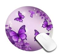 8 in Round Mouse Pad for Office Home, Waterproof Computer Mouse Mat with Anti-Slip Rubber Base, Easy Gliding Gaming Mousepad Custom Purple Butterflies Mouse Pads with Designs