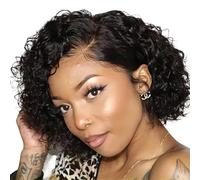 8 inch 13x4 HD Frontal Side Short Curly Lace Front Wig Part Curls with Invisible Drawstring Parted Layered Cut Glueless Human Hair Wigs Fluffy and Natural