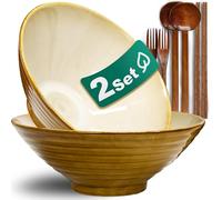 8-Inch 2 Sets Ceramic Ramen Bowl (8 Piece) - Japanese Porcelain Dishwasher Microwave Safe Salad Noodles Cereal Pasta Soup Large Bowls with Chopsticks Forks Spoons for Men Women Housewarming Gift