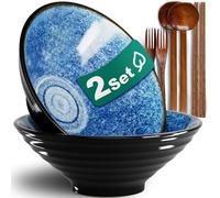 8-Inch 2 Sets Ceramic Ramen Bowl (8 Piece) - Japanese Porcelain Dishwasher Microwave Safe Salad Noodles Cereal Pasta Soup Large Bowls with Chopsticks Forks Spoons for Men Women Housewarming Gift