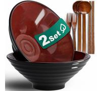 8-Inch 2 Sets Ceramic Ramen Bowl (8 Piece) - Japanese Porcelain Dishwasher Microwave Safe Salad Noodles Cereal Pasta Soup Large Bowls with Chopsticks Forks Spoons for Men Women Housewarming Gift