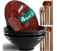 8-Inch 4 Sets Ceramic Ramen Bowl (16 Piece) - Japanese Porcelain Dishwasher Microwave Safe Salad Noodles Cereal Pasta Soup Large Bowls with Chopsticks Forks Spoons for Men Women Housewarming Gift