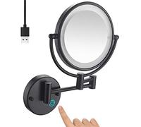 8 Inch Bathroom Mirror Wall Mounted Black, USB Rechargeable Makeup Mirror Two Sided 1X/10X Magnifying Adjustable LED Light Touch Sn Shaving Mirror 360° Swivel Vanity Mirror