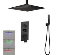 8-Inch Black Brass Shower Column Set Digital Display 3-Function Showerhead & Mixer Tap LED Rainfall Shower System for Bathroom