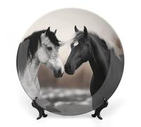 8 Inch Bone China Decorative Plates,Black and White Horses Printed Ceramic Dinner Plate with Stand Ceramic Hanging Decorative Plates for Kitchen Dining Room Wine Cabinet Home Décor Art Decoration