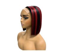 8 Inch Bone Straight Lace Front Human Hair Wig for Women 200 Density, Highlight Bob Wigs Natural Looking(Black with red,5x5)