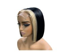 8 Inch Bone Straight Lace Front Human Hair Wig for Women 200 Density, Highlight Bob Wigs Natural Looking(Black with blonde,2x6)