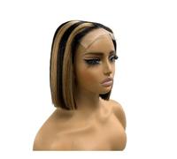 8 Inch Bone Straight Lace Front Human Hair Wig for Women 200 Density, Highlight Bob Wigs Natural Looking(Black with dark blonde,2x6)
