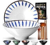 8-Inch Ceramic Ramen Bowl Set of 2 (9 Piece) - Porcelain Japanese Salad Noodles Cereal Fruit Pasta Soup Large Bowls with Recipes Chopsticks Forks Spoons for Men Women Gift Microwave & Dishwasher Safe