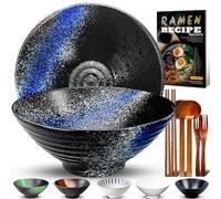 8-Inch Ceramic Ramen Bowl Set of 2 (9 Piece) - Porcelain Japanese Salad Noodles Cereal Fruit Pasta Soup Large Bowls with Recipes Chopsticks Forks Spoons for Men Women Gift Microwave & Dishwasher Safe