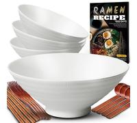 8-Inch Ceramic Ramen Bowl Set of 4 (17 Piece) - Porcelain Japanese Salad Noodles Cereal Fruit Pasta Soup Large Bowls with Recipes Chopsticks Forks Spoons for Men Women Gift Microwave Dishwasher Safe