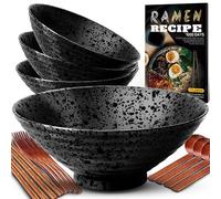 8-Inch Ceramic Ramen Bowl Set of 4 (17 Piece) - Porcelain Japanese Salad Noodles Cereal Fruit Pasta Soup Large Bowls with Recipes Chopsticks Forks Spoons for Men Women Gift Microwave Dishwasher Safe