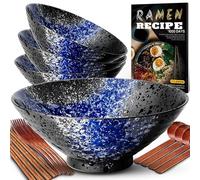 8-Inch Ceramic Ramen Bowl Set of 4 (17 Piece) - Porcelain Japanese Salad Noodles Cereal Fruit Pasta Soup Large Bowls with Recipes Chopsticks Forks Spoons for Men Women Gift Microwave Dishwasher Safe