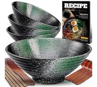 8-Inch Ceramic Ramen Bowl Set of 4 (17 Piece) - Porcelain Japanese Salad Noodles Cereal Fruit Pasta Soup Large Bowls with Recipes Chopsticks Forks Spoons for Men Women Gift Microwave Dishwasher Safe