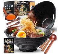 8-Inch Large Ceramic Ramen Bowl Set of 2 (9 Piece) - Microwave & Dishwasher Safe Porcelain Japanese Salad Noodles Cereal Fruit Pasta Soup Bowls with Recipes Chopsticks Forks Spoons for Men Women Gift
