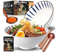 8-Inch Large Ceramic Ramen Bowl Set of 2 (9 Piece) - Microwave & Dishwasher Safe Porcelain Japanese Salad Noodles Cereal Fruit Pasta Soup Bowls with Recipes Chopsticks Forks Spoons for Men Women Gift