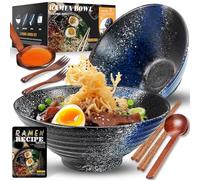 8-Inch Large Ceramic Ramen Bowl Set of 2 (9 Piece) - Microwave & Dishwasher Safe Porcelain Japanese Salad Noodles Cereal Fruit Pasta Soup Bowls with Recipes Chopsticks Forks Spoons for Men Women Gift