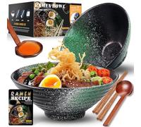 8-Inch Large Ceramic Ramen Bowl Set of 2 (9 Piece) - Microwave & Dishwasher Safe Porcelain Japanese Salad Noodles Cereal Fruit Pasta Soup Bowls with Recipes Chopsticks Forks Spoons for Men Women Gift
