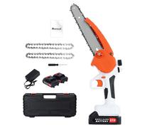 8 Inch Mini Chainsaw, Cordless Brushless Motor (2x2.0Ah Batteries + 2 Chains) Electric Handheld for Branch Cutting, Garden Trimming & Tree Logging (Orange-8inch)