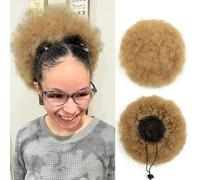 8 Inch Natural Afro Puff Real Human Hair Ponytails for Black Women Girls Kids Halloween Kinky Curly Ponytail Extension Drawstring Ponytail 4c African American Fake High Bun Christmas Light Blonde 50g