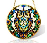 8 inch Owl Stained Glass Suncatcher Windows Hanging,Stained Glass Ornament Home Decor,Suncatchers for Windows Hanging,Birthday Gifts for Women,Lovers,Friend(Gold)