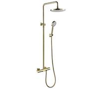 8 Inch Rain Shower System Brushed Gold Shower Faucet Set Complete Thermostatic Shower Combo Set Brass Rain Mixer Shower with Waterfall Tub Spout, 3 Mode Handheld Shower, Shower Hea