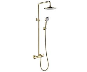 8 Inch Rain Shower System Brushed Gold Shower Faucet Set Complete Thermostatic Shower Combo Set Brass Rain Mixer Shower with Waterfall Tub Spout, 3 Mode Handheld Shower, Shower Hea