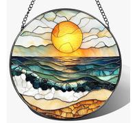 8-Inch Stained Glass Ornament, Stained Glass Window Hanging, Window Hanging Decor Suncatcher, Beach Sunset Ornament | Summer Vibes Gift | Gifts for Beach Lovers, Friend & Family