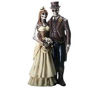 8 Inch Steampunk Skeleton Wedding Couple Statue Figurine, Brown