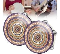 8 inch Tambourine 2Pcs, Hand Held Wooden Drum Bells for Adults, National Style Pattern Handbell Tambourine Drums for Church Party, Single Row Jingles Percussion Musical Educational Drum Instrument
