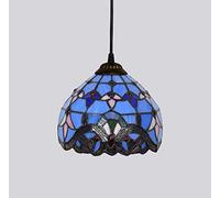8-Inch Tiffany Style Pendant Light Blue Baroque Mediterranean Stained Glass Chandelier Creative Hanging Lamp for Kitchen Dining Room and Living Spaces