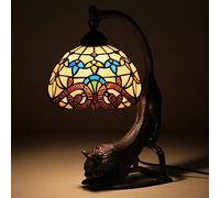 8-Inch Tiffany Style Stained Glass Table Lamp, 16 Inches Tall, Antique Zinc Alloy Cat Base E26 Bedside Lamp for Living Room Bedroom Office Decor