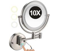 8 Inch Wall Mounted LED 3 Colors Lighted Makeup Mirror | 2 Sided 1x/10x Magnifying Vanity Mirror with Base Touch Dimmable, 360° Swivel with Folding Arm