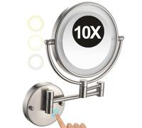 8 Inch Wall Mounted LED 3 Colors Lighted Makeup Mirror | 2 Sided 1x/10x Magnifying Vanity Mirror with Base Touch Dimmable, 360° Swivel with Folding Arm