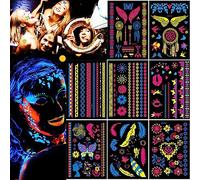 8 Large Sheets Neon Temporary Tattoos, Glow in Dark UV Neon Body Face Skin Tattoo Butterfly Jewellery Tattoos Flash Fake Waterproof Tattoo Stickers for Women Girls Body Art Rave Festival Accessories