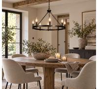 8-Light Wagon Wheel Chandelier. Country/Farmhouse Industrial Vintage. Black Antique Paint Finish